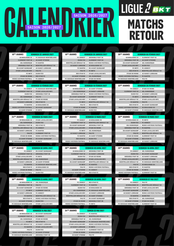 Calendrier Ligue 2 2026 2027 L2 Retour